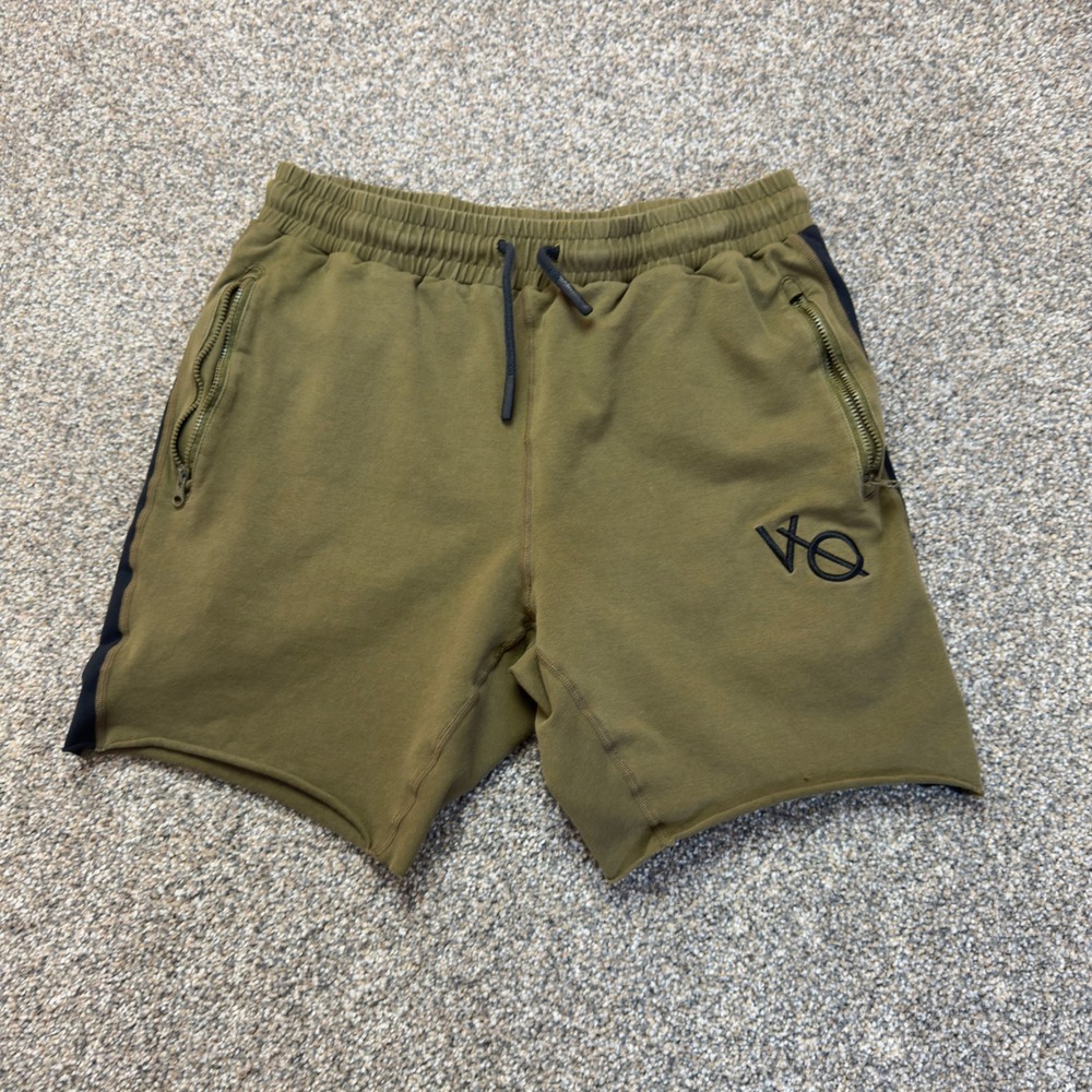Vanquish Fitness VQ Mens Shorts Olive Green Black Stripe Gym Athletic Large